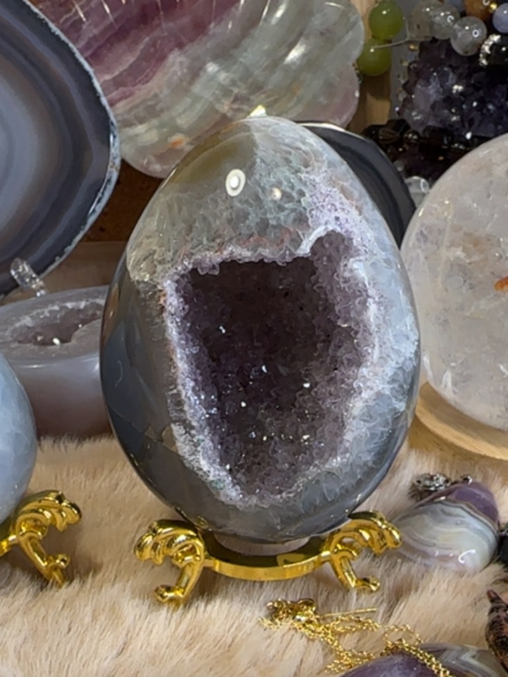 Polished Amethyst Geode Egg with Stand- Lavender Crystal Center - Picture 2 of 2